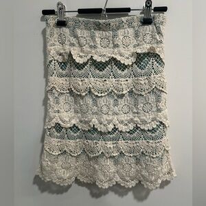 Anthropologie Comme Toi Crochet Lace Tiered Midi Skirt Cream Boho Cottagecore